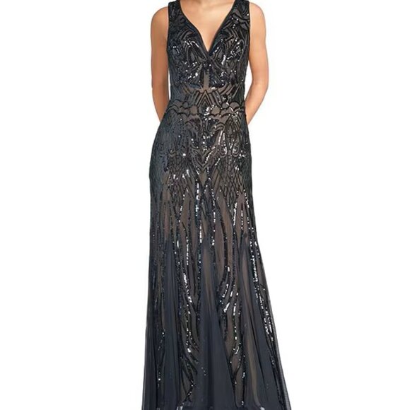 R & M Richards Sleeveless V-Neck Godet Skirt Embellished Long Sequin Dress - Picture 1 of 15